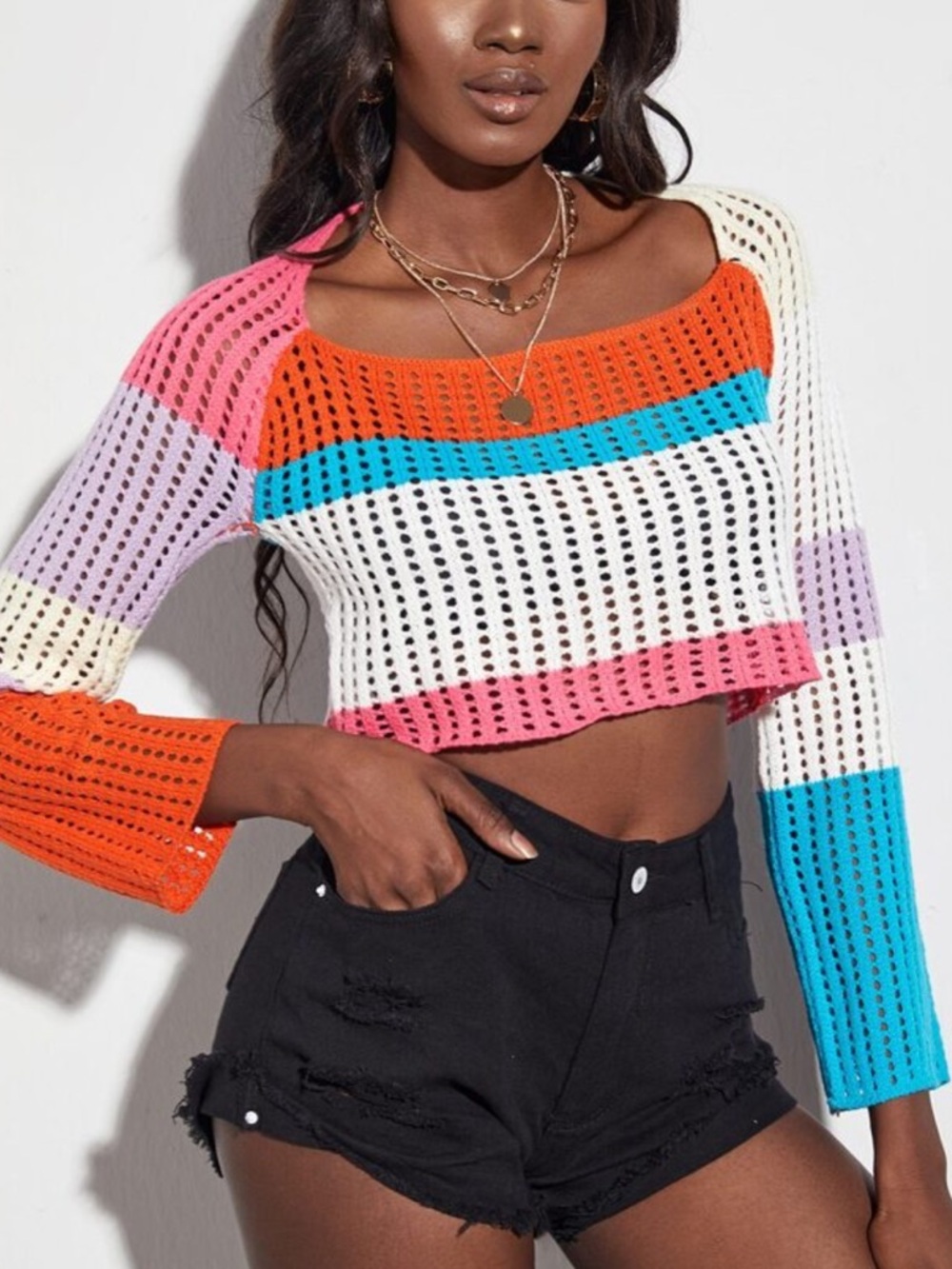 < Colorful Colorblock Open Knit Cropped Top > - Picture 1 of 3